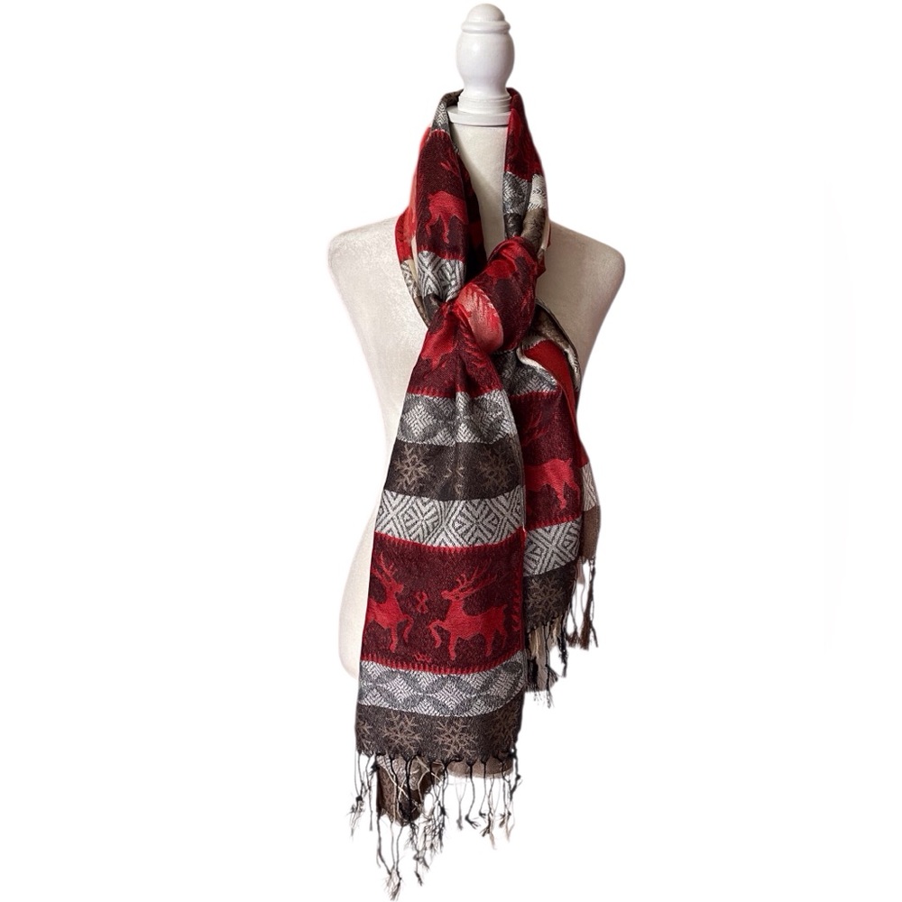 Eloise & Co London red, brown & white holiday scarf reindeer & geometric pattern